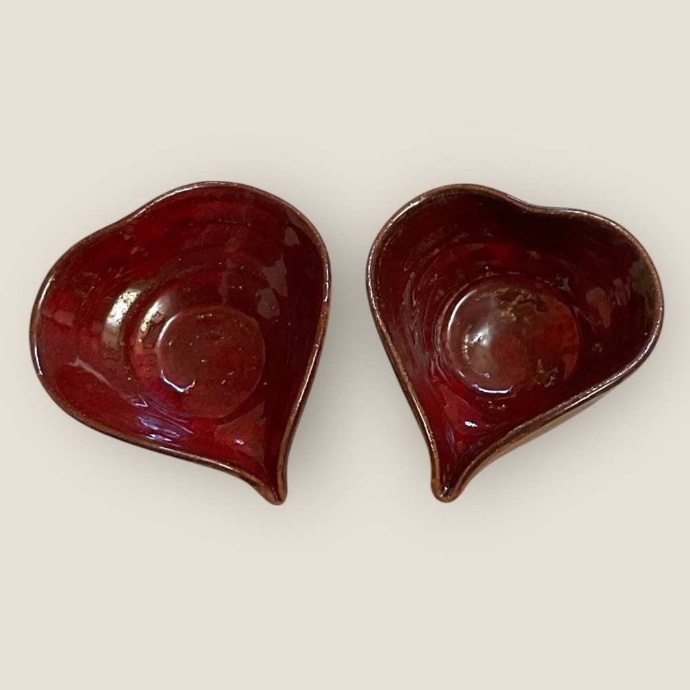 Handmade Ceramic Heart Bowls - Pair of Red Pottery Trinket Dishes